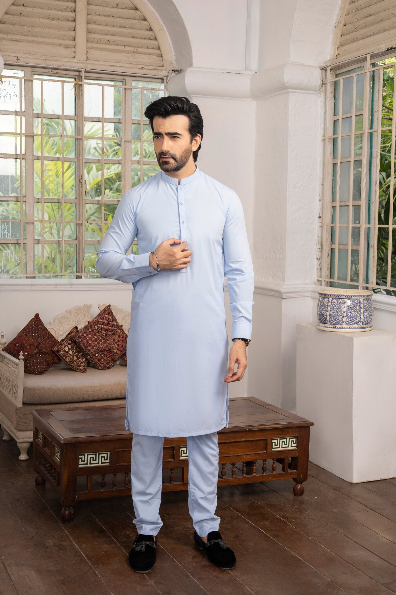 Men Grey Stitched Shalwar Kameez