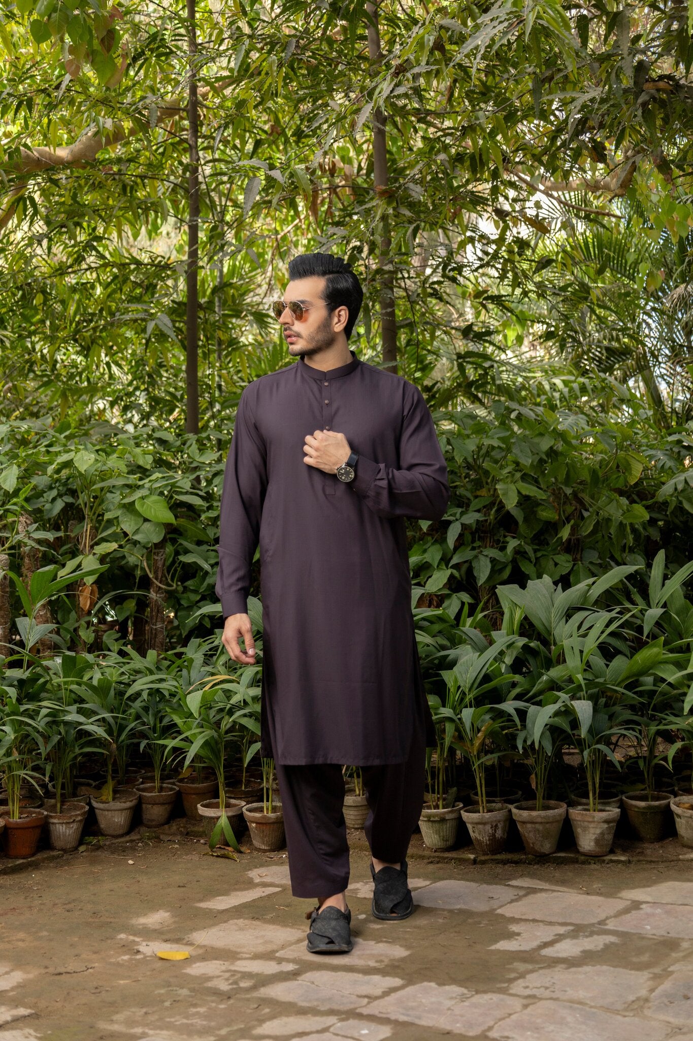 Men Dark Purple Stitched Shalwar Kameez