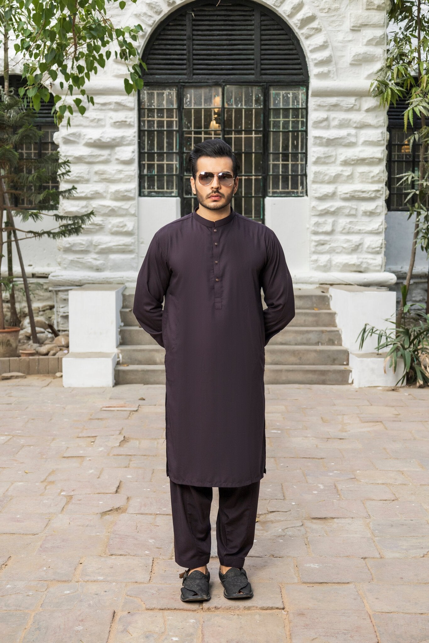 Men Dark Purple Stitched Shalwar Kameez