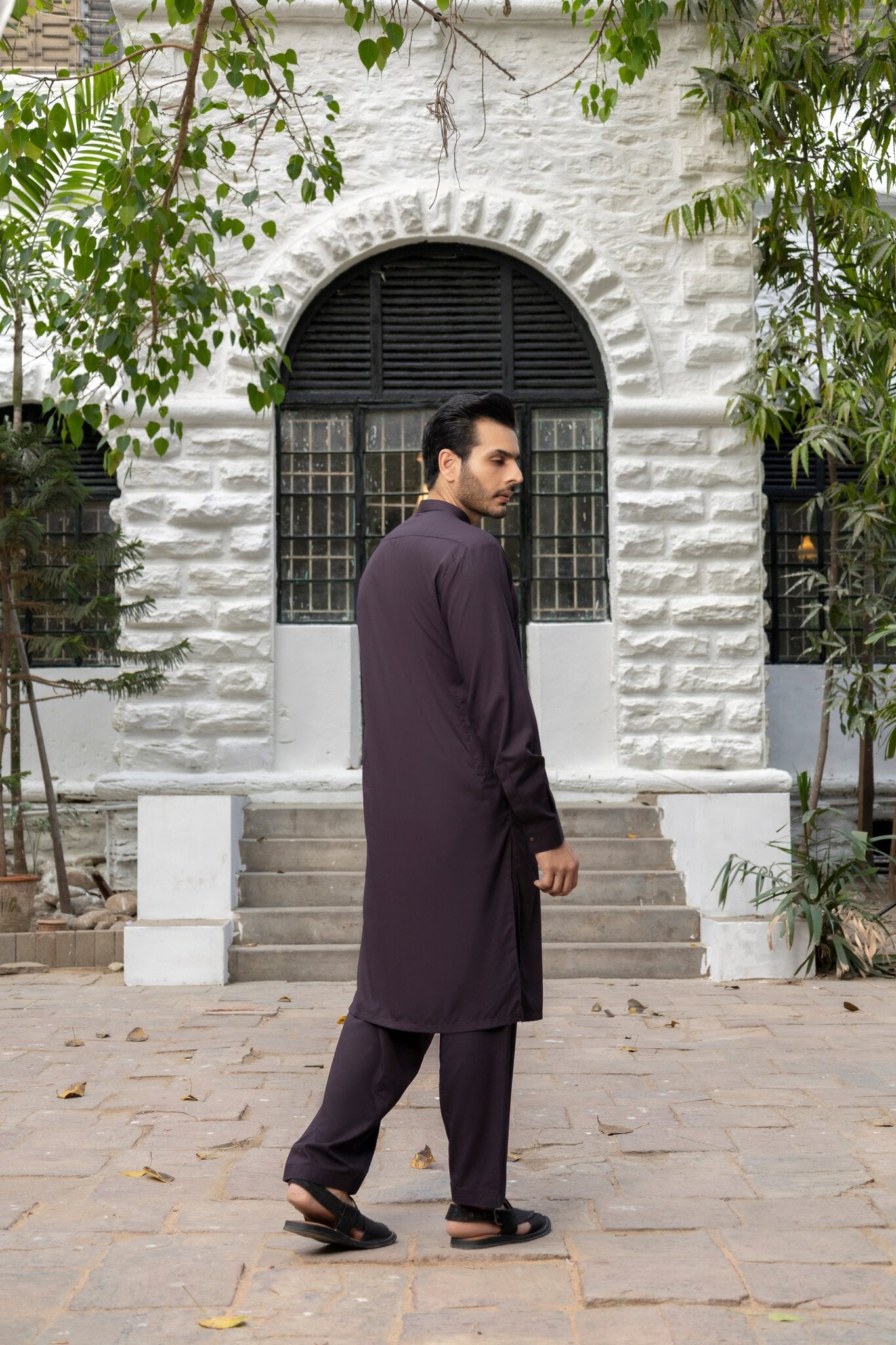 Men Dark Purple Stitched Shalwar Kameez