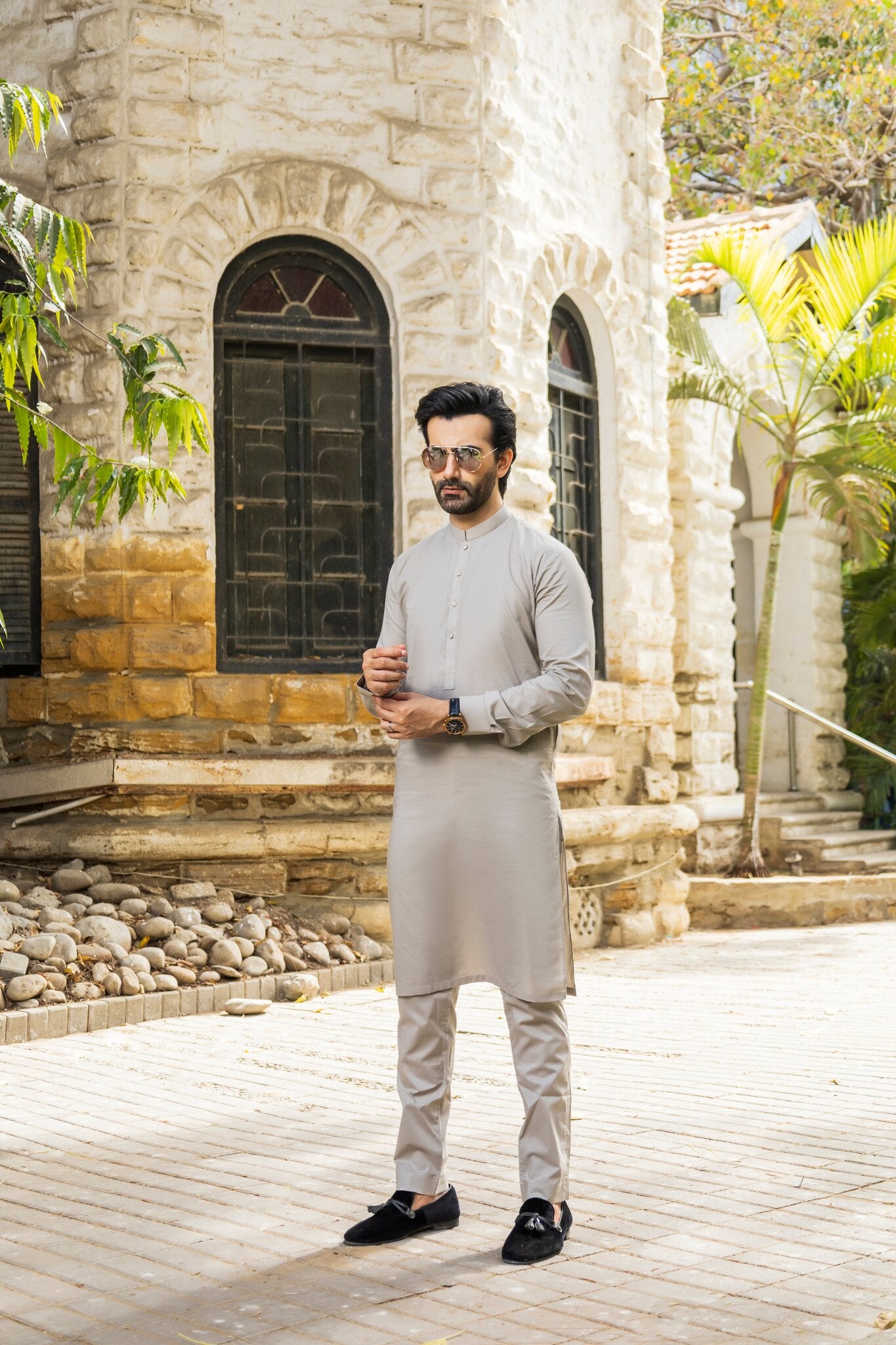 Men P-Grey Stitched Shalwar Kameez 