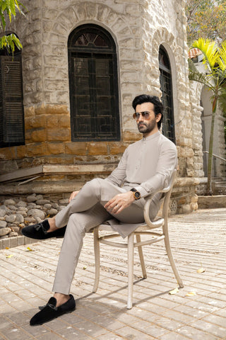 Men P-Grey Stitched Shalwar Kameez 