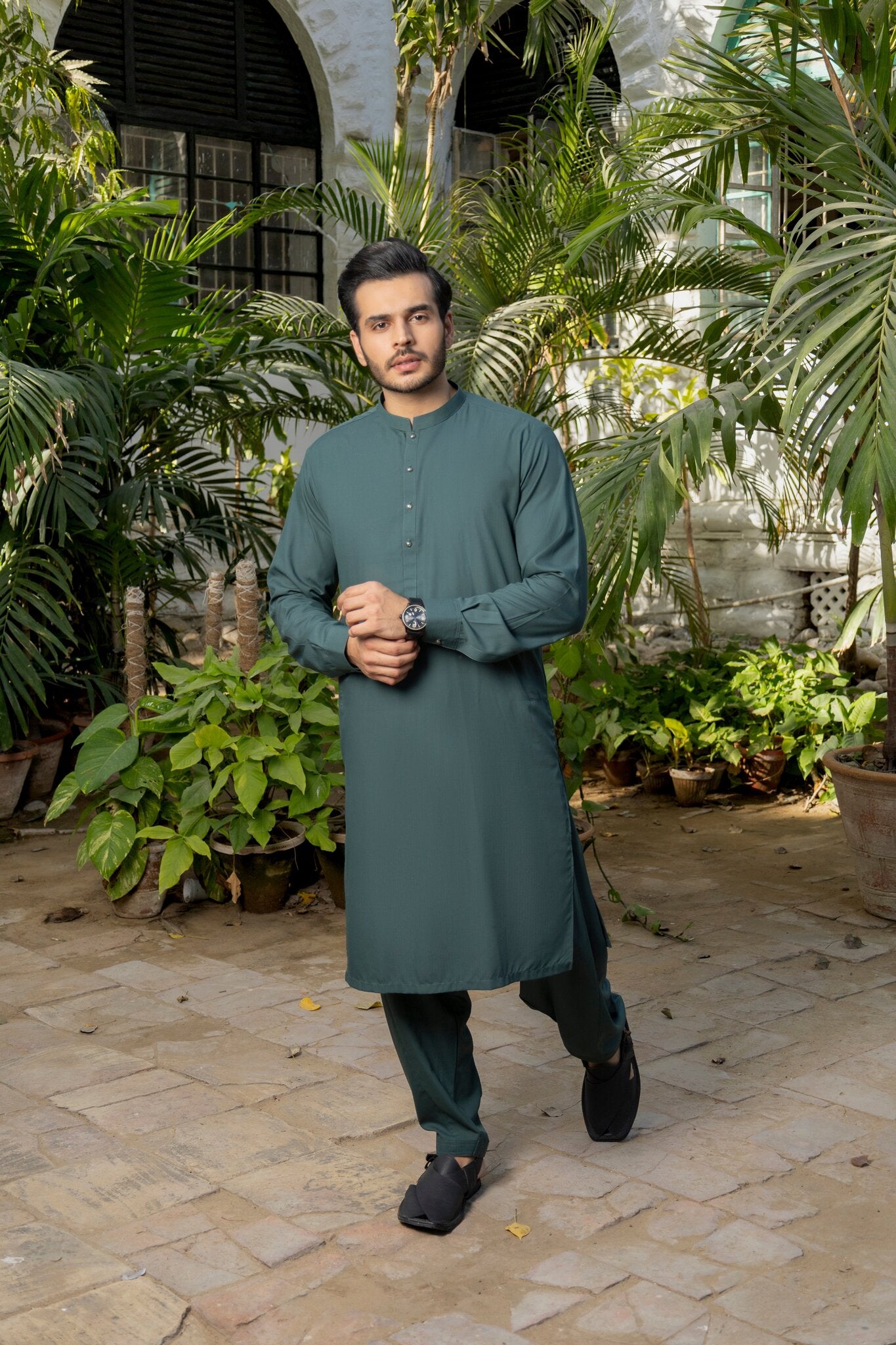 Men Green Stitched Shalwar Kameez