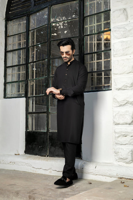 Men Black Stitched Shalwar Kameez