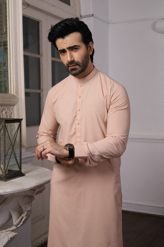 Men Peach Cotton Stitched Shalwar Kameez 